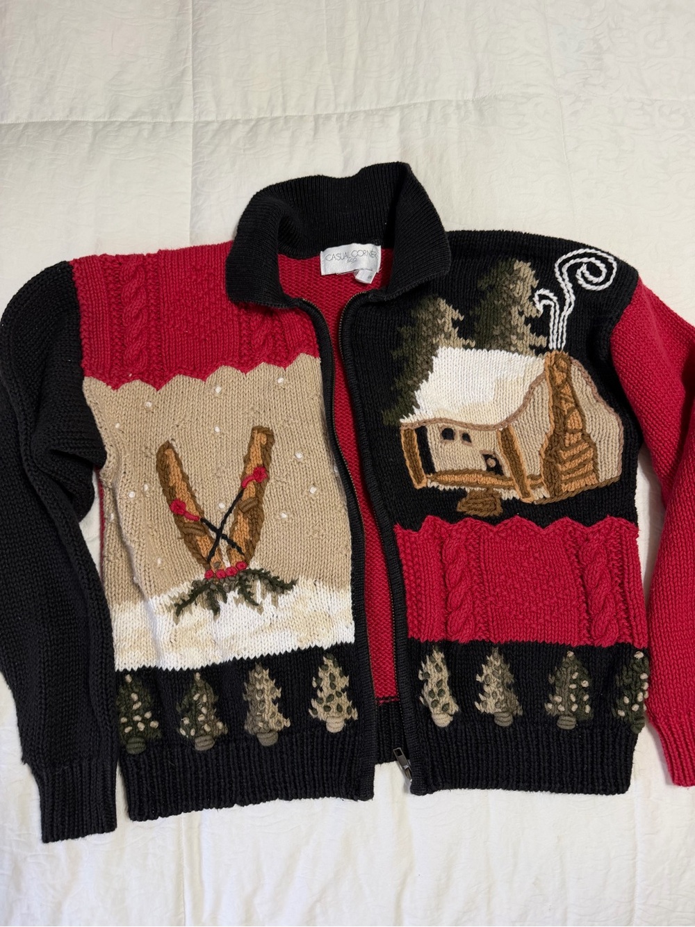 Vintage Casual Corner Small Cabin Scene Zip Cardigan Sweater Ski Lodge Christmas